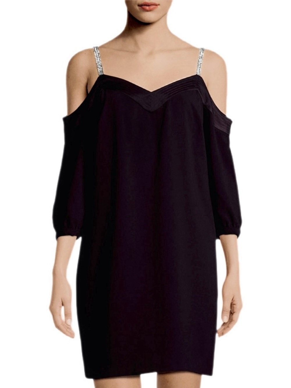 Trina Turk Black Cold-Shoulder Dress with Rhinestone Straps
